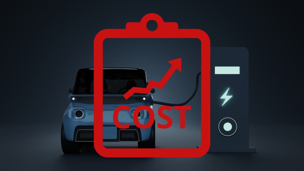 The image features an electric car charging at a station with a red overlay of a clipboard icon and the word "COST" accompanied by an upward arrow, signifying rising expenses.