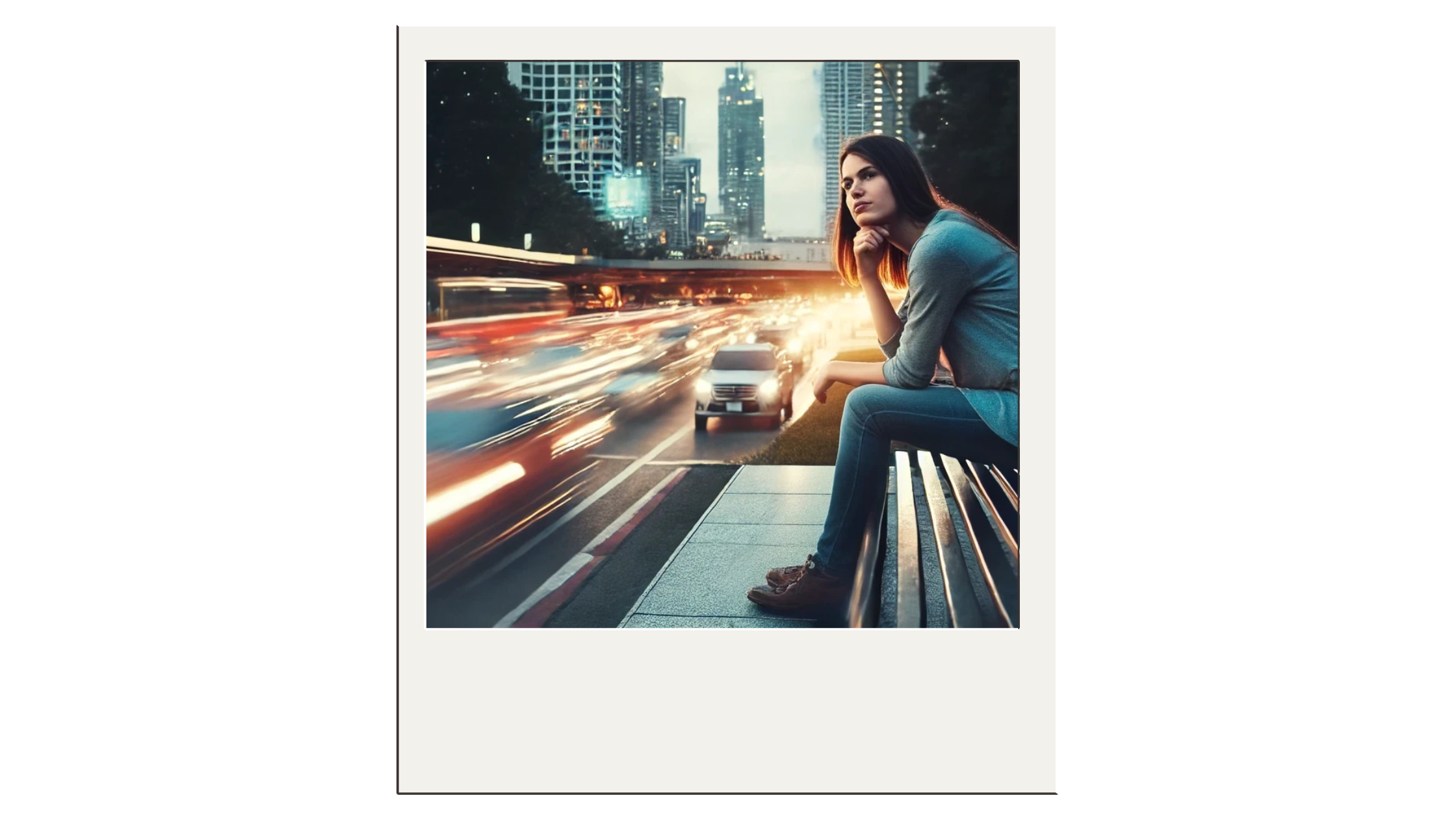 A young woman sitting on a bench, gazing into the distance, with a blurred motion of city traffic in the background