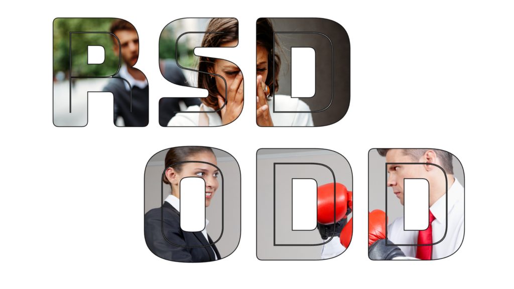 The letters 'RSD' and 'ODD' filled with images. RSD, of a stressed and overwhelmingly hurt woman walking away from a man that's reaching after her. ODD a confident woman, facing oppositional and defiant man in a boxing stance.