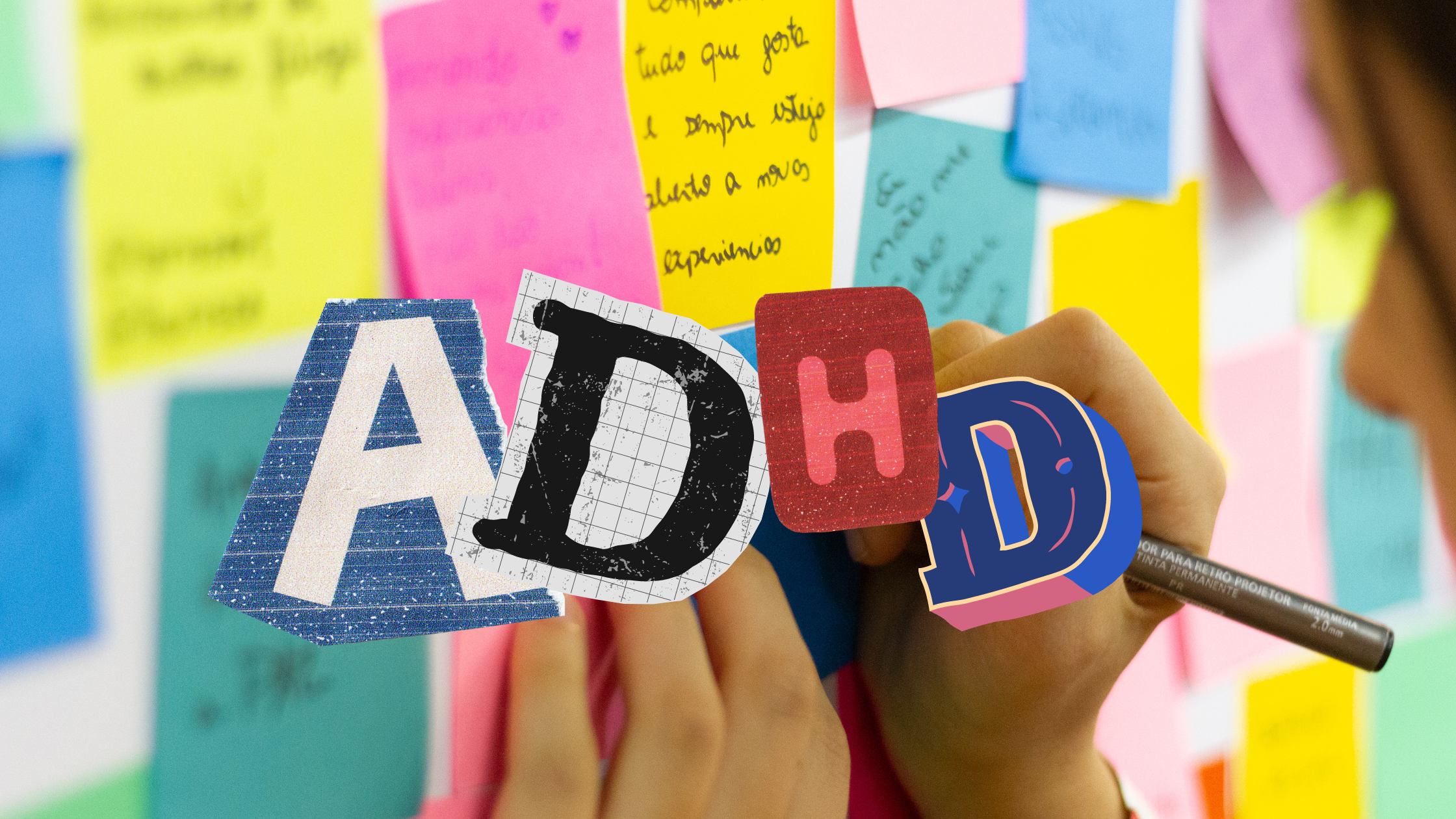 Person writing on colorful sticky notes with ADHD text overlay.