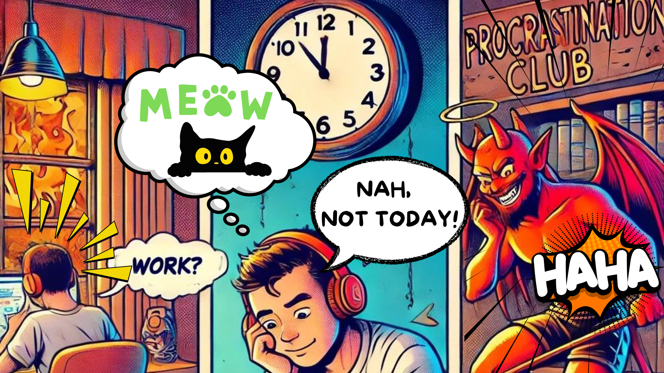 Comic-style illustration of a person at a desk thinking about a cat and procrastinating while a clock shows time passing, with a devil figure in the background laughing.