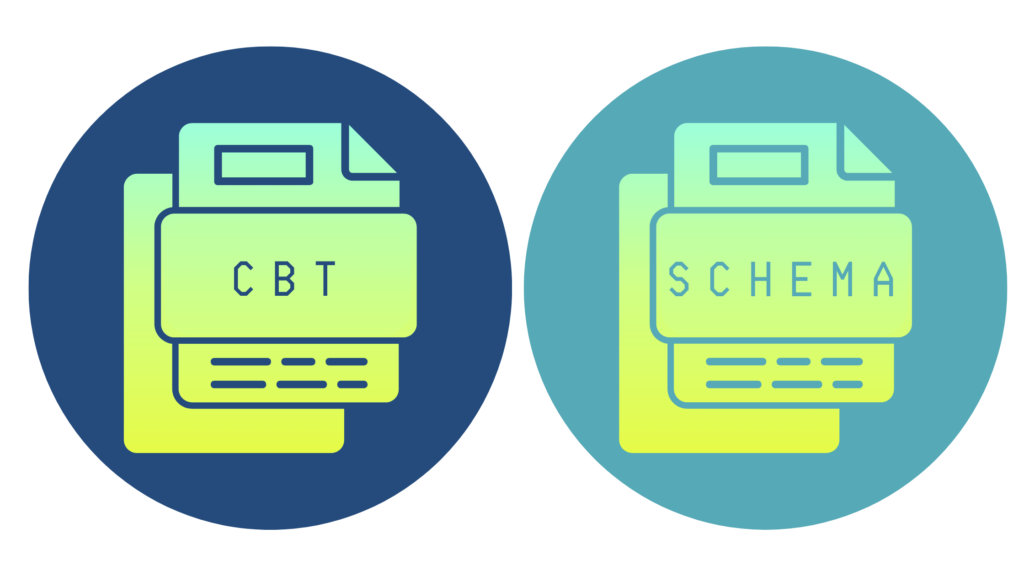 Illustration of two conceptual files labeled 'CBT' and 'Schema' on separate coloured backgrounds, representing Cognitive Behavioural Therapy and Schema Therapy.